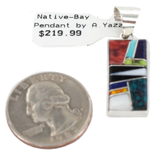 Navajo Certified Authentic Rectangle .925 Sterling Silver Natural Multicolor Real Handmade Native American Inlaid Pendant 24490-10