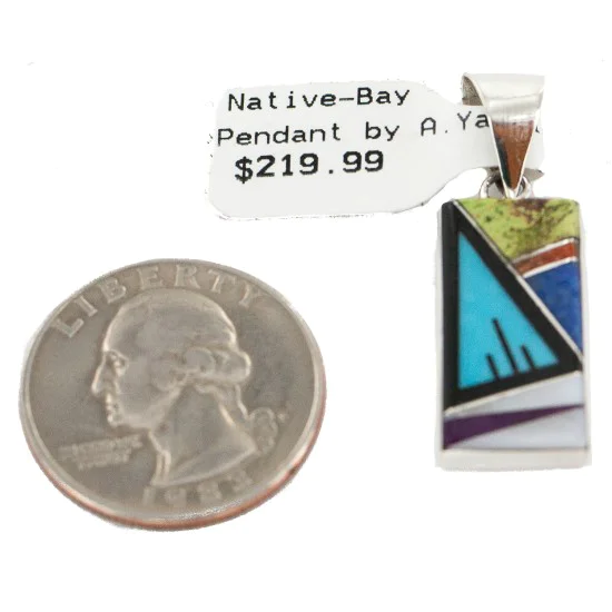 Navajo Rectangle .925 Sterling Silver Natural Multicolor Real Handmade Native American Inlaid Pendant 24490-15 Navajo Rectangle .925 Sterling Silver Natural Multicolor Real Handmade Native American Inlaid Pendant 24490-15
