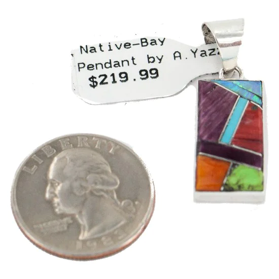Rectangle Navajo .925 Sterling Silver Natural Multicolor Real Handmade Native American Inlaid Pendant 24490-13 Rectangle Navajo .925 Sterling Silver Natural Multicolor Real Handmade Native American Inlaid Pendant 24490-13