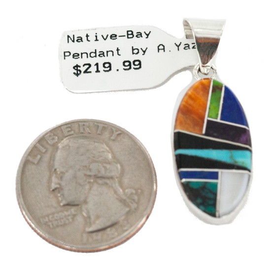 Oval Navajo Certified Authentic .925 Sterling Silver Natural Multicolor Real Handmade Native American Inlaid Pendant 24490-12