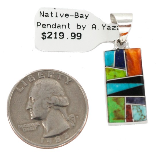 Navajo Rectangle Certified Authentic .925 Sterling Silver Natural Multicolor Real Handmade Native American Inlaid Pendant 24490-17
