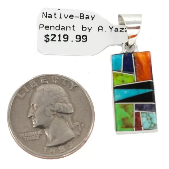 Navajo Rectangle .925 Sterling Silver Natural Multicolor Real Handmade Native American Inlaid Pendant 24490-17
