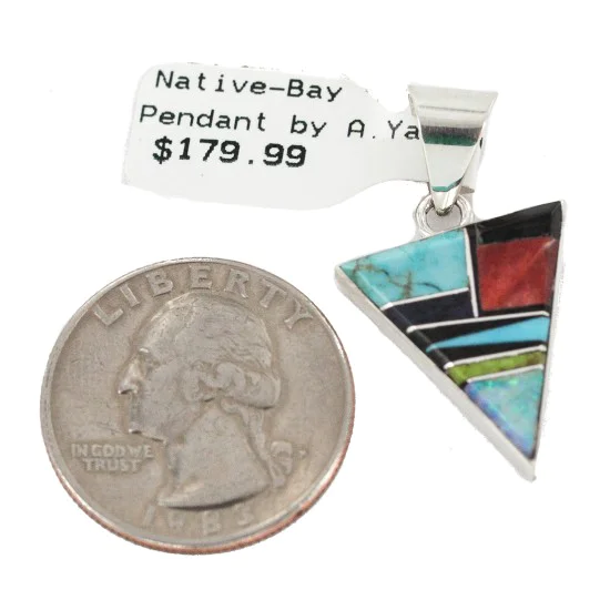 Navajo Triangle .925 Sterling Silver Natural Multicolor Real Handmade Native American Inlaid Pendant 24491-13