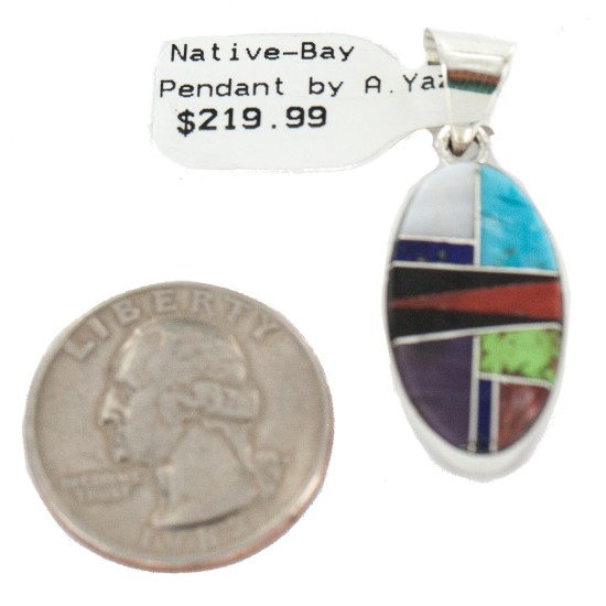 Oval Certified Authentic .925 Sterling Silver Navajo Natural Multicolor Real Handmade Native American Inlaid Pendant 24490-5