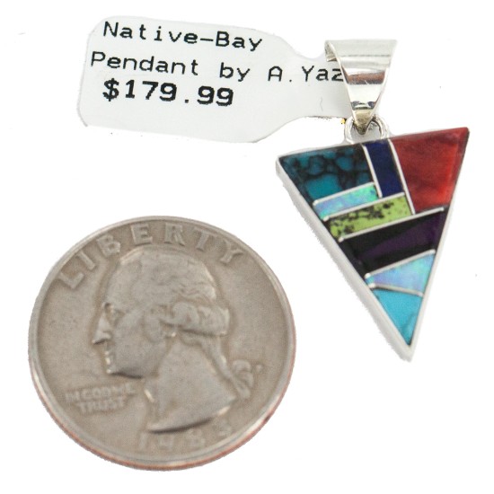 Navajo Triangle Certified Authentic .925 Sterling Silver Natural Multicolor Real Handmade Native American Inlaid Pendant 24491-4