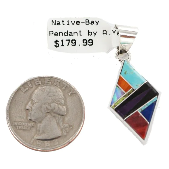 Navajo Rhombus .925 Sterling Silver Natural Multicolor Real Handmade Native American Inlaid Pendant 24491-7 Navajo Rhombus .925 Sterling Silver Natural Multicolor Real Handmade Native American Inlaid Pendant 24491-7