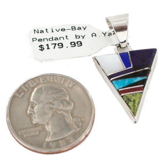Triangle Navajo .925 Sterling Silver Certified Authentic Natural Multicolor Real Handmade Native American Inlaid Pendant 24491-15