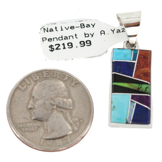 Rectangle Certified Authentic Navajo .925 Sterling Silver Natural Multicolor Real Handmade Native American Inlaid Pendant 24490-6