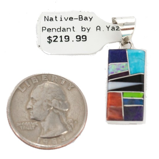 Navajo Rectangle .925 Sterling Silver Natural Multicolor Certified Authentic Real Handmade Native American Inlaid Pendant 24490-18