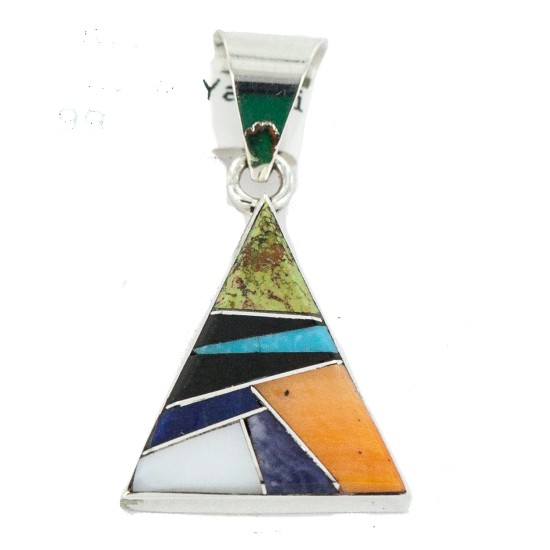 .925 Sterling Silver Certified Authentic Triangle Navajo Natural Multicolor Real Handmade Native American Inlaid Pendant 24491-16