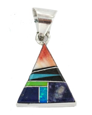Certified Authentic Navajo Triangle .925 Sterling Silver Natural Multicolor Real Handmade Native American Inlaid Pendant 24491-2