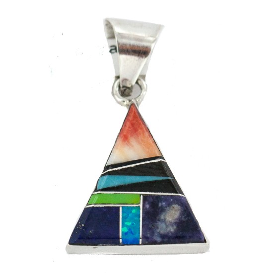Certified Authentic Navajo Triangle .925 Sterling Silver Natural Multicolor Real Handmade Native American Inlaid Pendant 24491-2