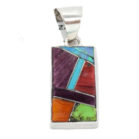 Rectangle Navajo .925 Sterling Silver Natural Multicolor Real Handmade Native American Inlaid Pendant 24490-13 Rectangle Navajo .925 Sterling Silver Natural Multicolor Real Handmade Native American Inlaid Pendant 24490-13
