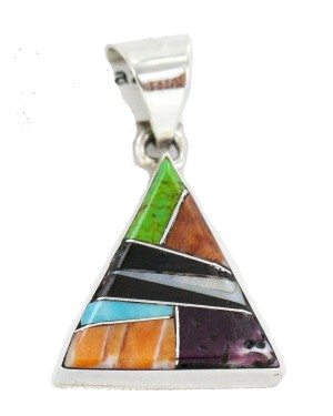 Certified Authentic Triangle Navajo .925 Sterling Silver Natural Multicolor Real Handmade Native American Inlaid Pendant 24491-3