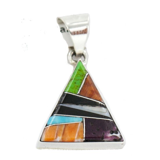 Certified Authentic Triangle Navajo .925 Sterling Silver Natural Multicolor Real Handmade Native American Inlaid Pendant 24491-3