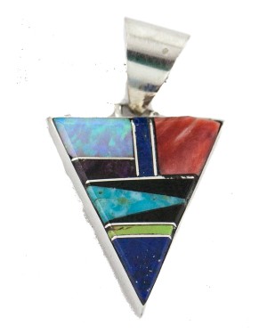 Triangle Navajo .925 Sterling Silver Certified Authentic Natural Multicolor Real Handmade Native American Inlaid Pendant 24491-15