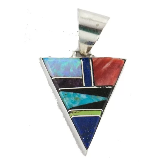 Triangle Navajo .925 Sterling Silver Natural Multicolor Real Handmade Native American Inlaid Pendant 24491-15 Triangle Navajo .925 Sterling Silver Natural Multicolor Real Handmade Native American Inlaid Pendant 24491-15