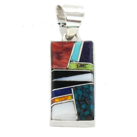 Navajo Certified Authentic Rectangle .925 Sterling Silver Natural Multicolor Real Handmade Native American Inlaid Pendant 24490-10