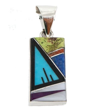 Navajo Certified Authentic Rectangle .925 Sterling Silver Natural Multicolor Real Handmade Native American Inlaid Pendant 24490-15