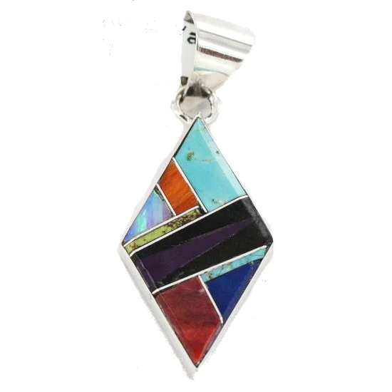 Navajo Rhombus .925 Sterling Silver Natural Multicolor Real Handmade Native American Inlaid Pendant 24491-7 Navajo Rhombus .925 Sterling Silver Natural Multicolor Real Handmade Native American Inlaid Pendant 24491-7