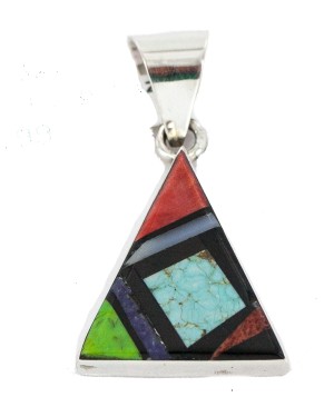 Navajo Certified Authentic Triangle .925 Sterling Silver Natural Multicolor Real Handmade Native American Inlaid Pendant 24491-11