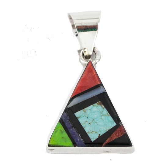 Navajo Certified Authentic Triangle .925 Sterling Silver Natural Multicolor Real Handmade Native American Inlaid Pendant 24491-11