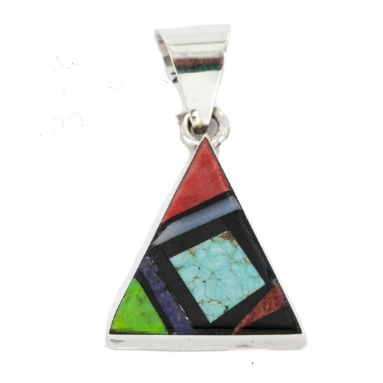 Navajo Triangle .925 Sterling Silver Natural Multicolor Real Handmade Native American Inlaid Pendant 24491-11 Navajo Triangle .925 Sterling Silver Natural Multicolor Real Handmade Native American Inlaid Pendant 24491-11