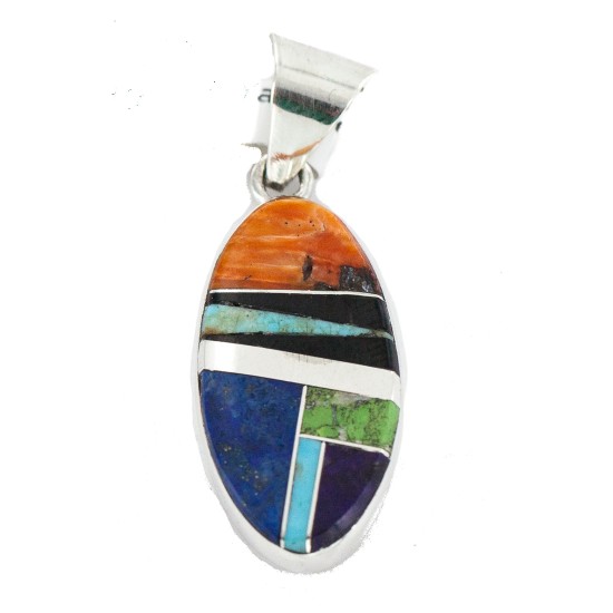 Navajo Oval Certified Authentic .925 Sterling Silver Natural Multicolor Real Handmade Native American Inlaid Pendant 24490-2