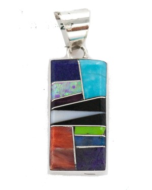 Navajo Rectangle .925 Sterling Silver Natural Multicolor Certified Authentic Real Handmade Native American Inlaid Pendant 24490-18