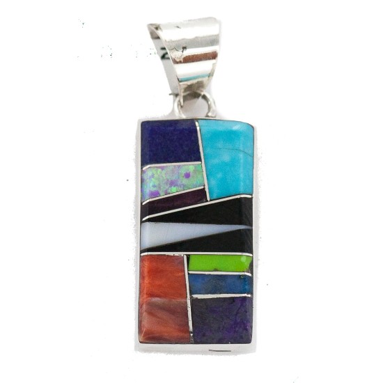 Navajo Rectangle .925 Sterling Silver Natural Multicolor Certified Authentic Real Handmade Native American Inlaid Pendant 24490-18