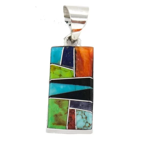 Navajo Rectangle .925 Sterling Silver Natural Multicolor Real Handmade Native American Inlaid Pendant 24490-17