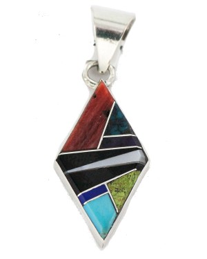 Navajo Rhombus .925 Sterling Silver Certified Authentic Natural Multicolor Real Handmade Native American Inlaid Pendant 24490-9