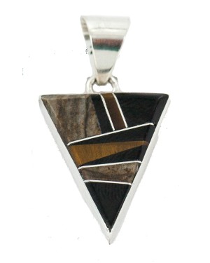 Navajo Triangle .925 Sterling Silver Certified Authentic Natural Jasper Black Onyx Tigers Eye Real Handmade Native American Inlaid Pendant 24491-17