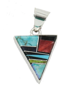 Navajo Triangle .925 Sterling Silver Certified Authentic Natural Multicolor Real Handmade Native American Inlaid Pendant 24491-13