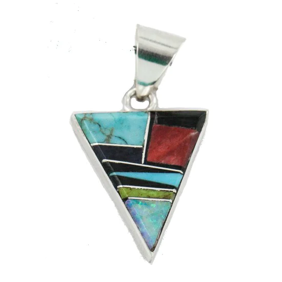 Navajo Triangle .925 Sterling Silver Natural Multicolor Real Handmade Native American Inlaid Pendant 24491-13