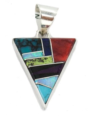Navajo Triangle Certified Authentic .925 Sterling Silver Natural Multicolor Real Handmade Native American Inlaid Pendant 24491-4