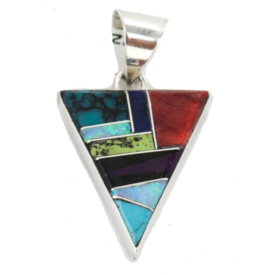 Navajo Triangle Certified Authentic .925 Sterling Silver Natural Multicolor Real Handmade Native American Inlaid Pendant 24491-4