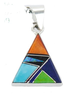 Navajo Triangle Certified Authentic .925 Sterling Silver Natural Multicolor Real Handmade Native American Inlaid Pendant 24491-8