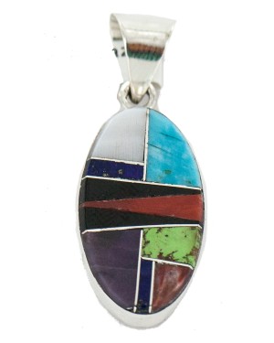Oval Certified Authentic .925 Sterling Silver Navajo Natural Multicolor Real Handmade Native American Inlaid Pendant 24490-5