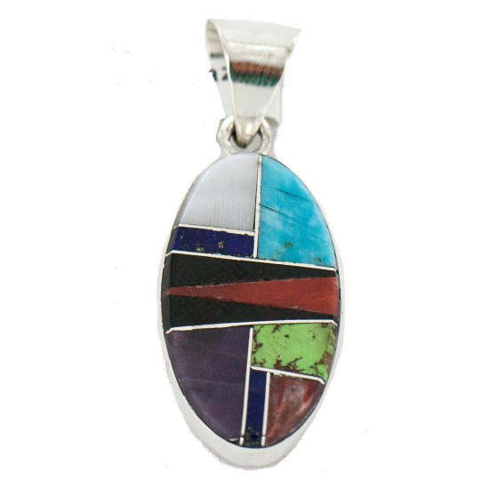 Oval Certified Authentic .925 Sterling Silver Navajo Natural Multicolor Real Handmade Native American Inlaid Pendant 24490-5