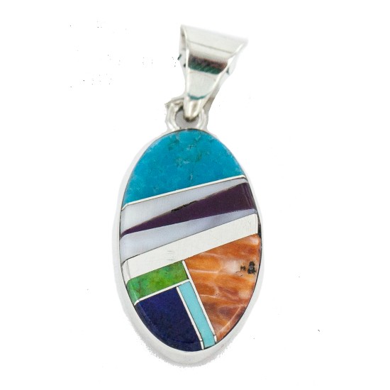 Oval Navajo Certified Authentic .925 Sterling Silver Natural Multicolor Real Handmade Native American Inlaid Pendant 24490-1