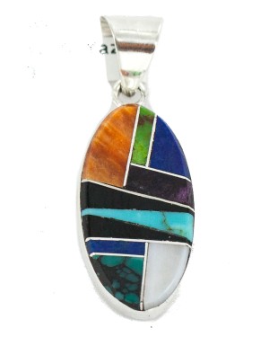 Oval Navajo Certified Authentic .925 Sterling Silver Natural Multicolor Real Handmade Native American Inlaid Pendant 24490-12