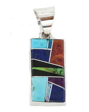 Rectangle Certified Authentic Navajo .925 Sterling Silver Natural Multicolor Real Handmade Native American Inlaid Pendant 24490-6