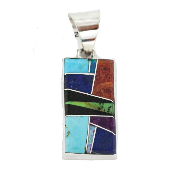 Rectangle Certified Authentic Navajo .925 Sterling Silver Natural Multicolor Real Handmade Native American Inlaid Pendant 24490-6