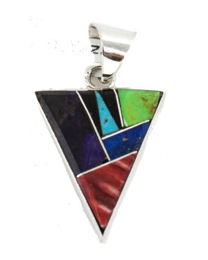 Triangle Navajo .925 Sterling Silver Certified Authentic Natural Multicolor Real Handmade Native American Inlaid Pendant 24491-12