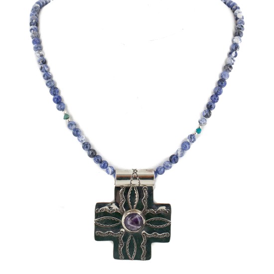 Cross .925 Sterling Silver Nickel Handmade Certified Authentic Navajo Natural Turquoise Lapis Native American Necklace 18224-4-15786-102
