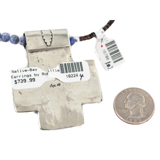 Cross .925 Sterling Silver Nickel Handmade Certified Authentic Navajo Natural Turquoise Lapis Native American Necklace 18224-4-15786-102