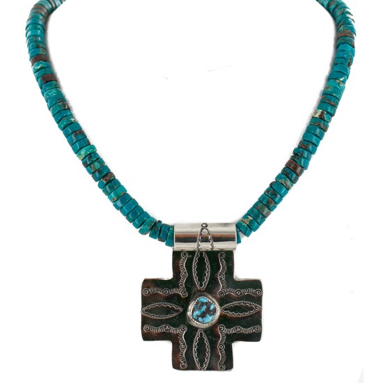 Cross .925 Sterling Silver Nickel Handmade Certified Authentic Navajo Natural Turquoise Native American Necklace 18224-5-18209