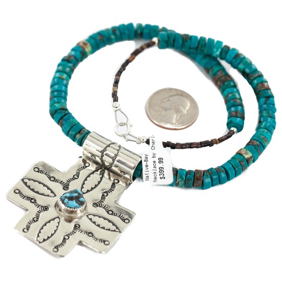 Cross .925 Sterling Silver Nickel Handmade Certified Authentic Navajo Natural Turquoise Native American Necklace 18224-5-18209