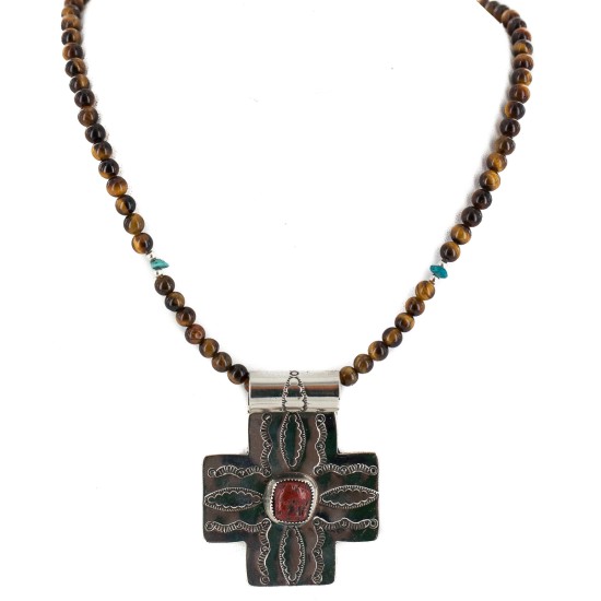 Cross .925 Sterling Silver Nickel Handmade Certified Authentic Navajo Natural Turquoise Tigers Eye Coral Native American Necklace 18224-2-15786-101
